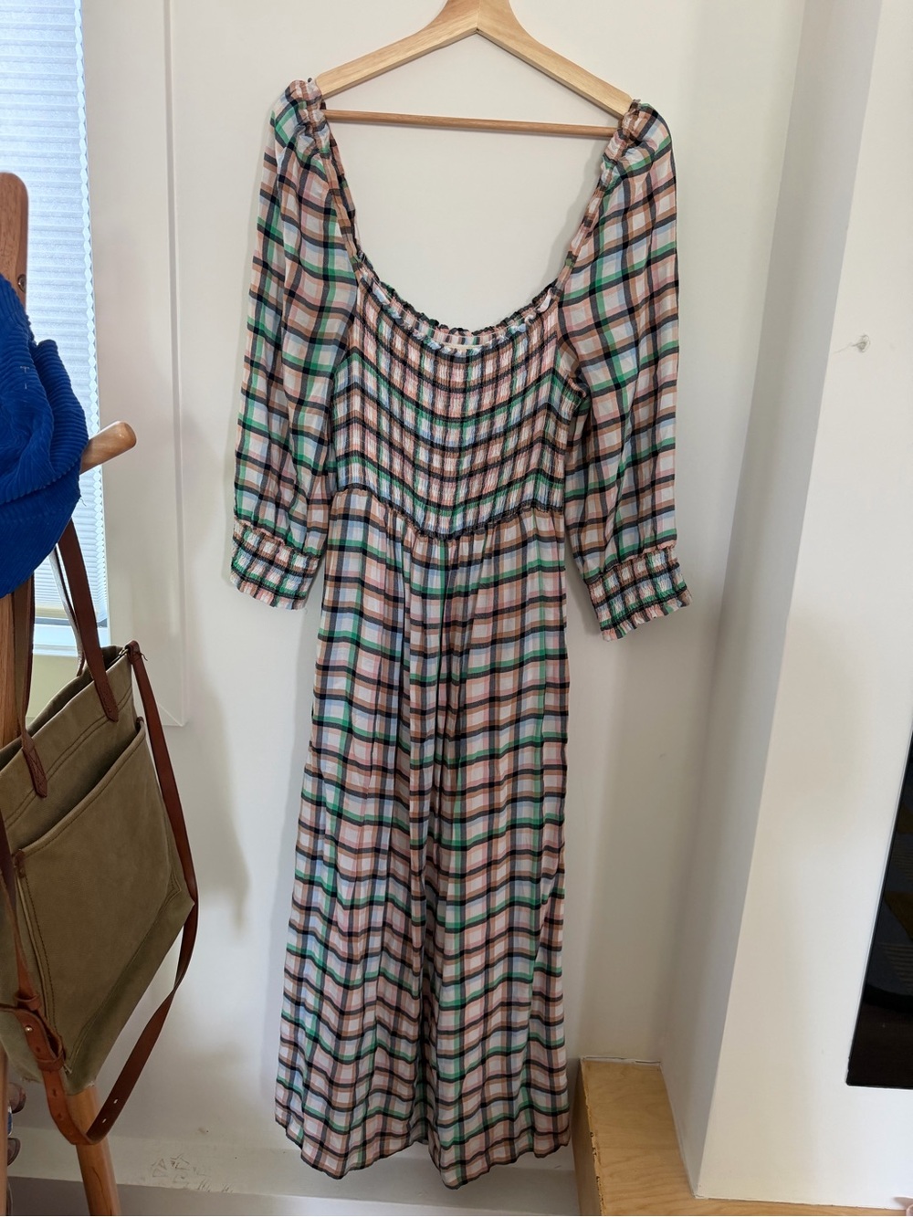 Maeve‎ Plaid Smocked Maxi Dress in Green and Pink